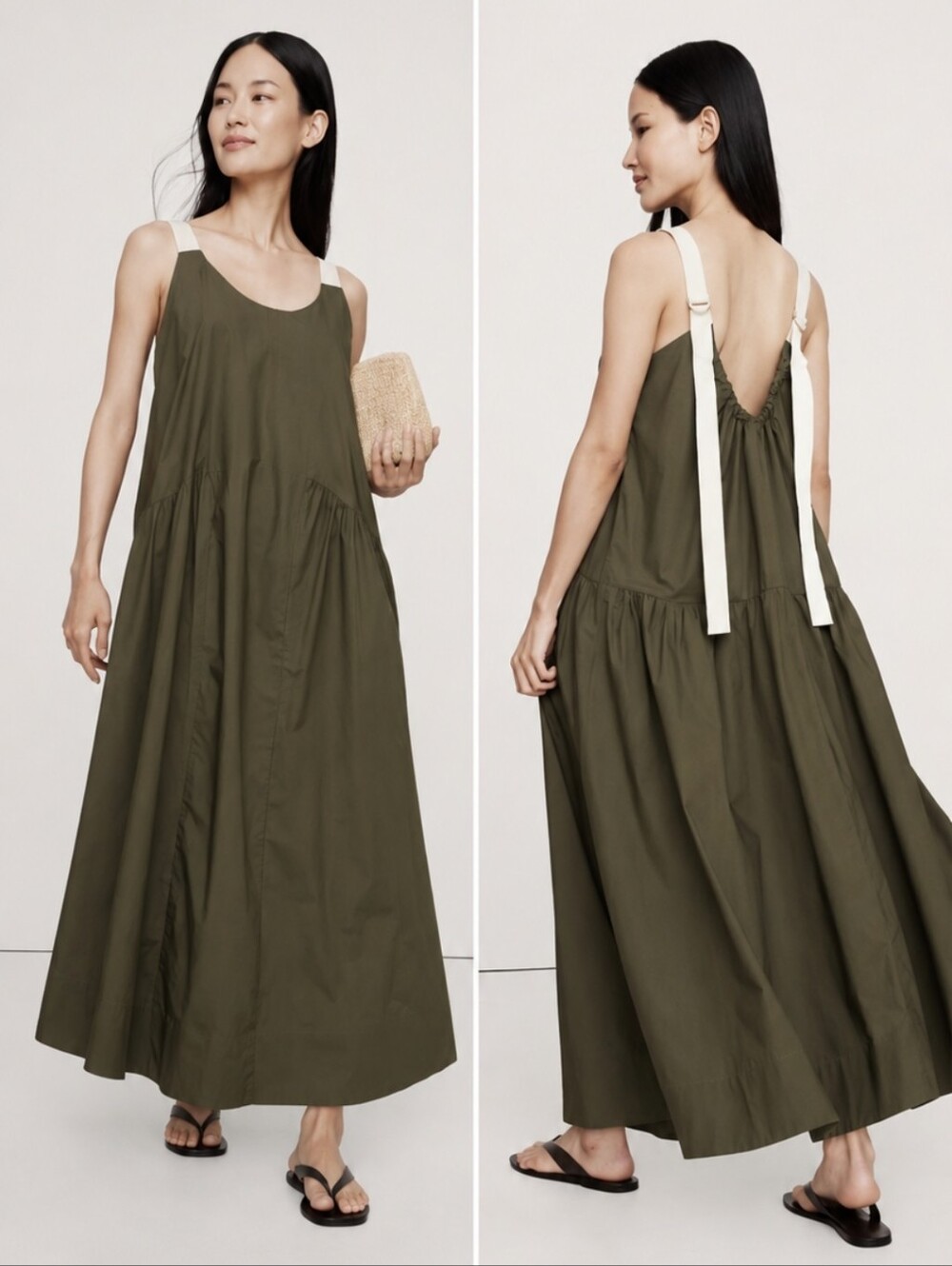 Banana Republic Cotton Poplin Swing Maxi Dress Olive Green Overall Sz XL $180